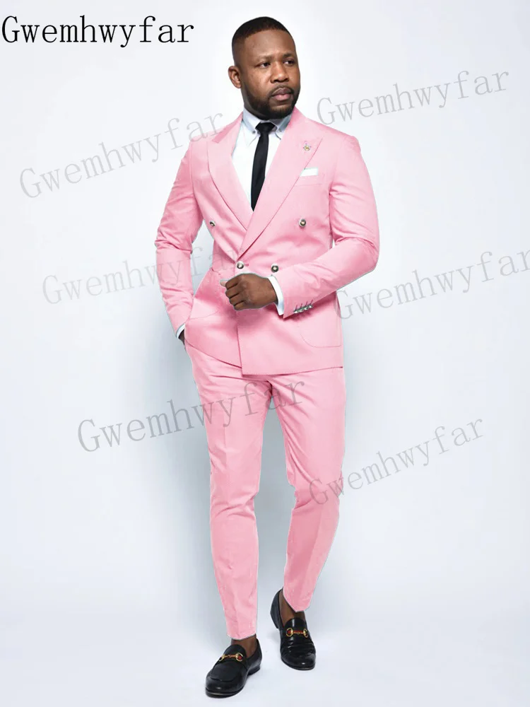 

Gwenhwyfar Summer Men's Suit Pink Double Breasted Peaked Lapel Wedding Groom Terno Fashion Blazer Masculino Casual 2 Pcs Jacket