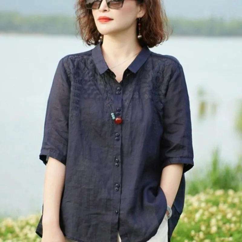 

2024 Women's Summer New Turndown Collar Blouses Spliced Button Embroidery Fashion Solid Color Loose Casual Half Sleeve Shirts