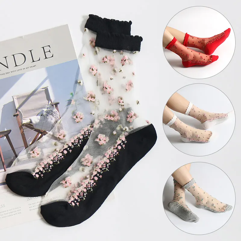Breathable Ultra Thin Ankle Socks Summer Sexy Women Transparent Lace Silk Crystal Rose Flower Girl Elastic Short Sock Female Sox