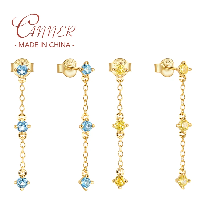 

CANNER S925 Sterling Silver Zircon Tassel Chain Pendant Piercing Stud Earrings for Women Wedding Jewelry Gift Brincos Pendientes