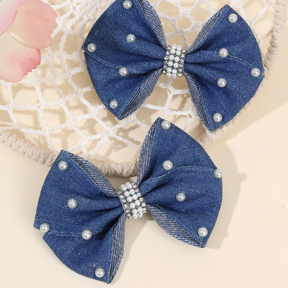 2Pcs Denim Bow Hair Clips Chic Elegant Vintage Pearl Boho Hairpin For Girls Women Kids y2k Daily Hair Accessories Gift Ornament