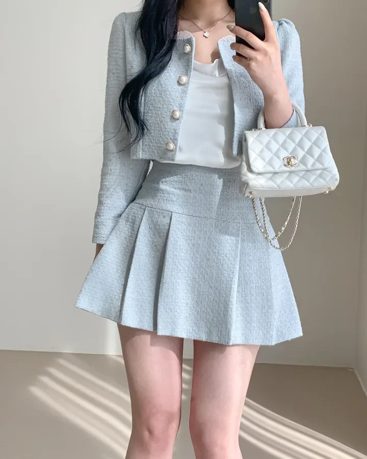 Korean Fashion Elegant Tweed Short Jacket Cropped Coats + High Waist Mini Skirts Suits Autumn New Slim Women Two-Piece Sets