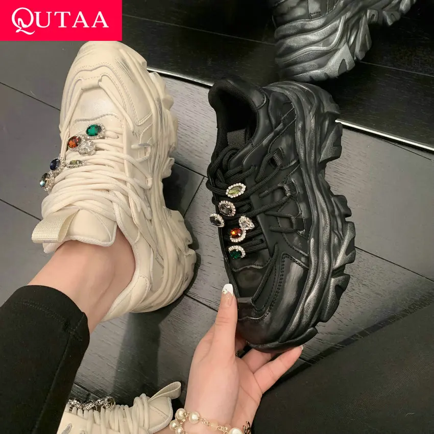 

QUTAA 2023 Women Sneakers High Heels Platform Spring Summer Fashion Genuine Leather Shoes Woman Casual Students Size 35-40