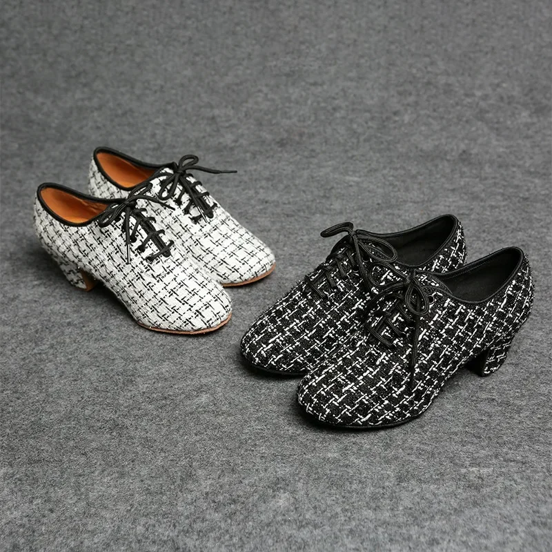 Professional Ballroom Latin Dance Shoes for Women Cloth Upper Closed Toe High Heel Waltz Social Dance Shoes