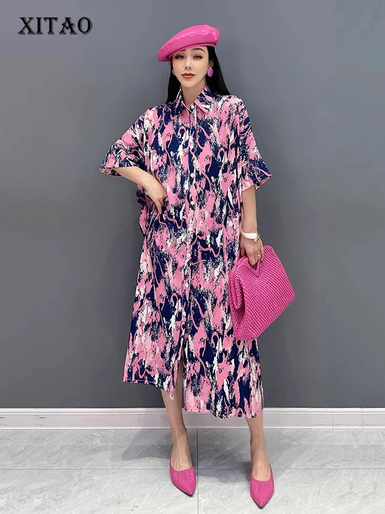 

XITAO Print Turn-down Collar Single Breasted Dresses Short Sleeve Pocket Mid-calf Loose Shirt Dress 2024 Summer Casual ZY8754