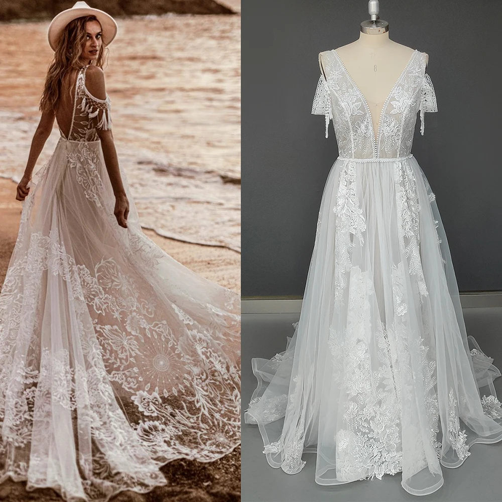 

Plunging V-neckline Boho Embroidery Tulle Wedding Party Gowns Open Side Low Back A Line Off Shoulder Bridal Dress with Tassels