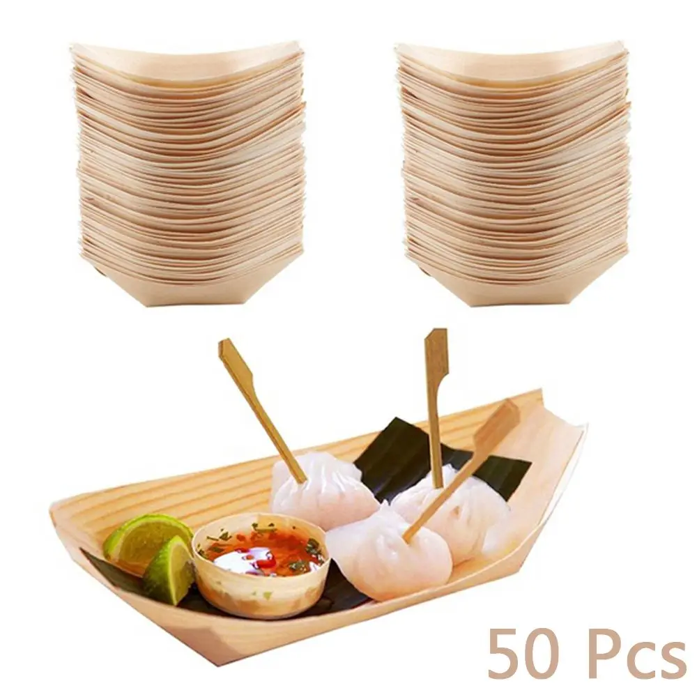 Disposable Sushi Boat Pine Wood Bowl Catering Cake Tool Serving Tray