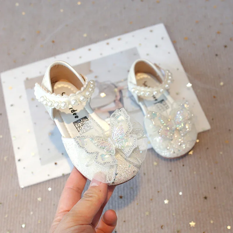 Chic Girls Dress Shoes for Wedding Party Bling Sequins with Rhinestone Butterfly Sweet Princess Chic Kids Flat Shoes Lace Beaded