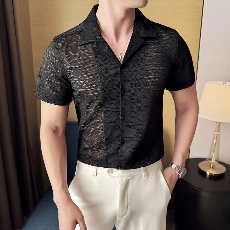 Spring/Summer Short Sleeved Shirt for Men Tailored Collar Lace Shirt Fashion Nightclub Social Party Tuxedo Blouse Streetwear image