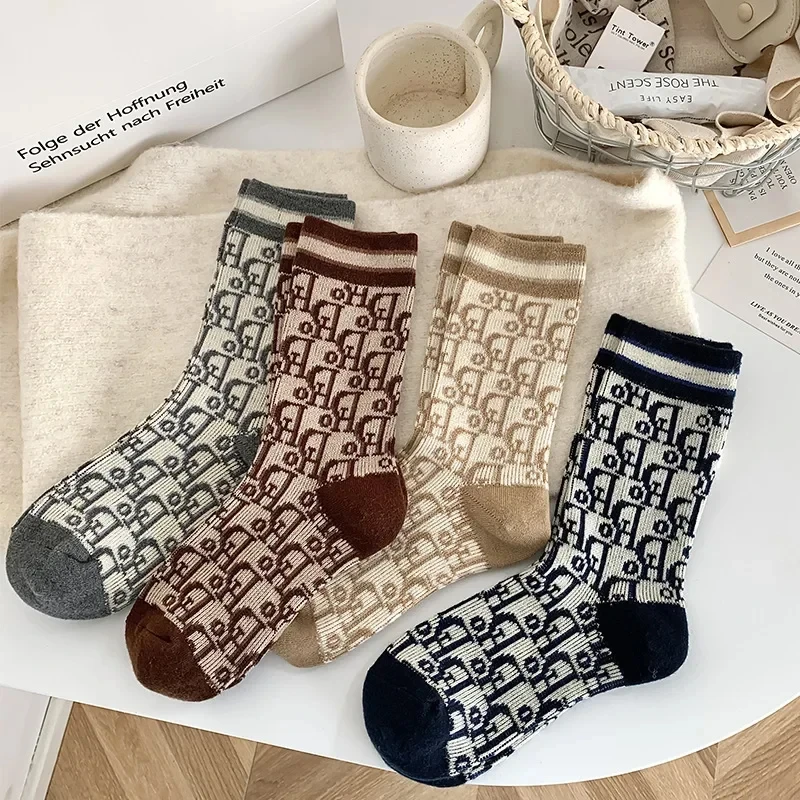 1 Pair Autumn Winter Wool Socks Women French Style Letters Pattern Solid Color Middle Tube Socks Breathable