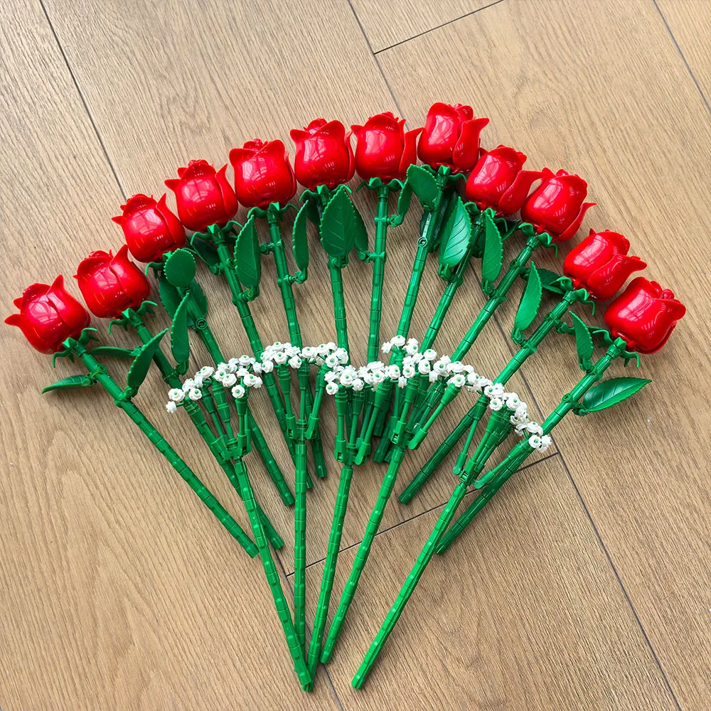 968PC Romantic Rose Bouquet Building Blocks Creative Home Desktop Plant Decorati