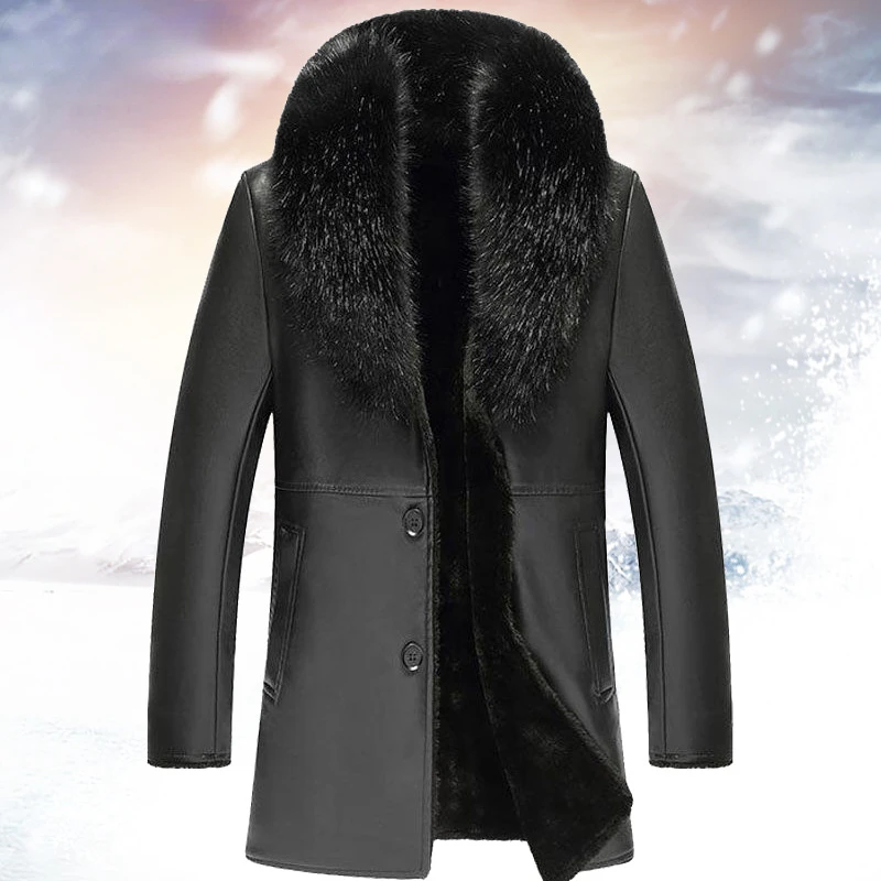 

Winter Faux Fur Collar PU Leather Mens Velvet Thick Warm Fluffy Coat Long Sleeve Casual Black Windbreaker Jacket Male Plus Size