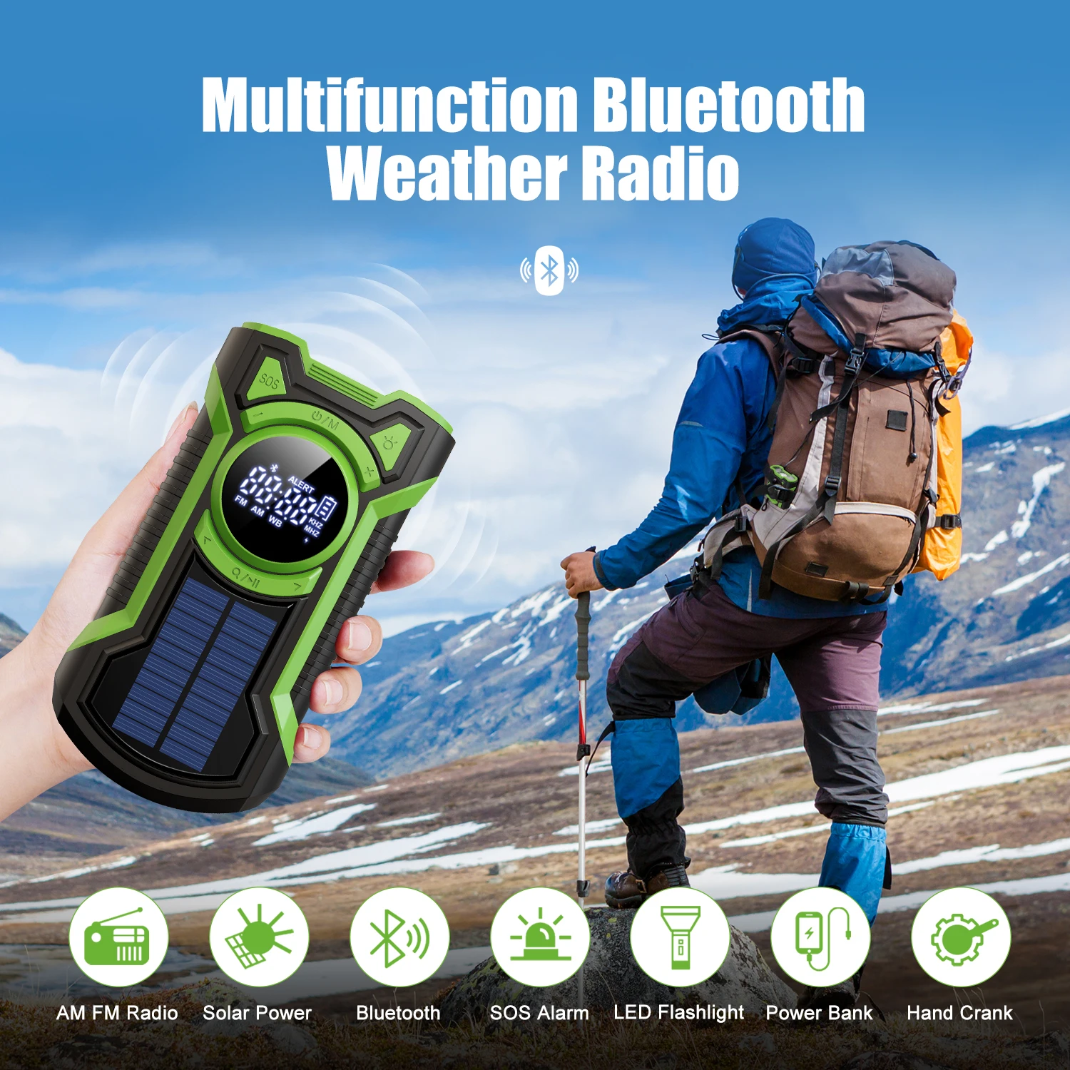 Rádio de Emergência Solar & Manivela 5000 mAh – AM/FM/NOAA, Bluetooth 5.3, IPX5, Lanterna LED e Power Bank - Imagem 4
