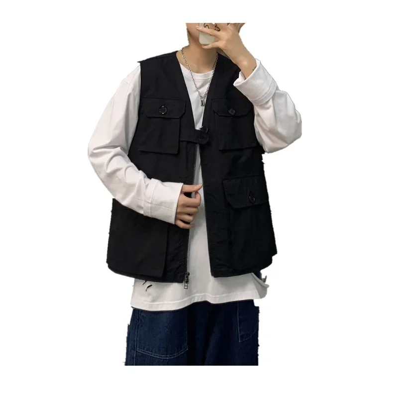 Trendy Men's Fleece-Lined Work Vest Student Hong Kong Style Hip Hop Multi-Pocket Jacket Winter Fashion Must-Have