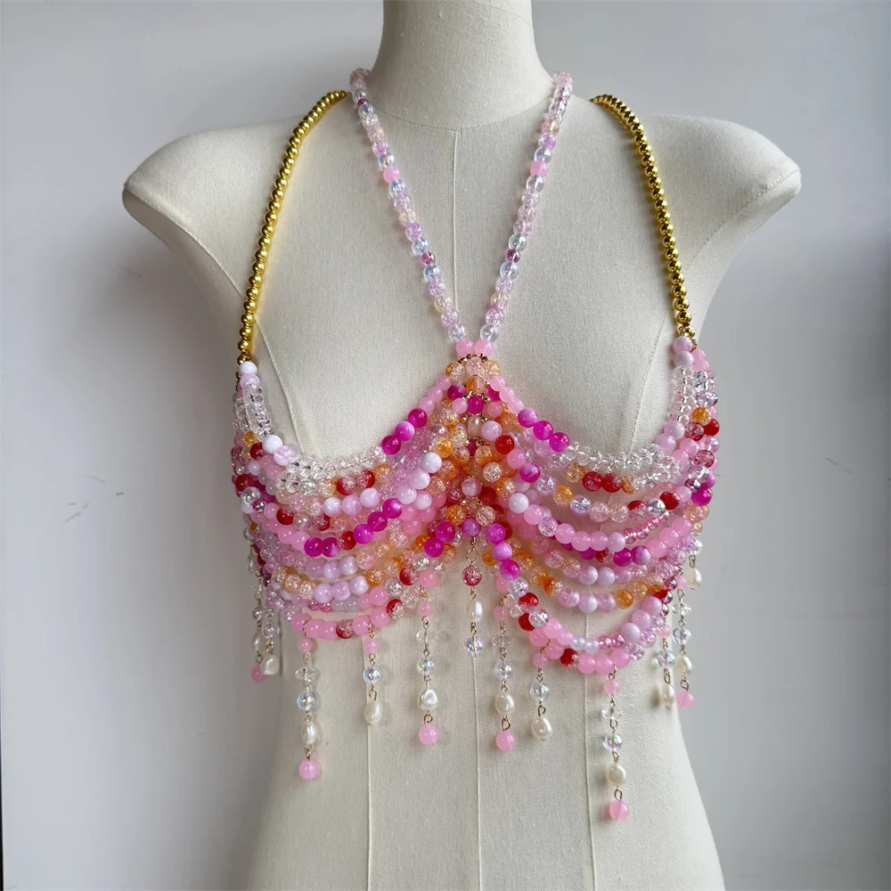 Beading Camisole Vest Bikini Bra Top Body Exaggerated Pearl