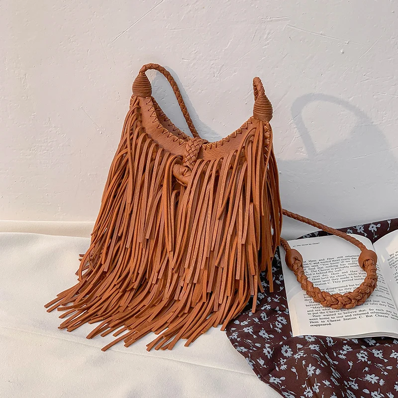 Black Fringe Bucket Bag. Vegan Boho Crossbody Bag 