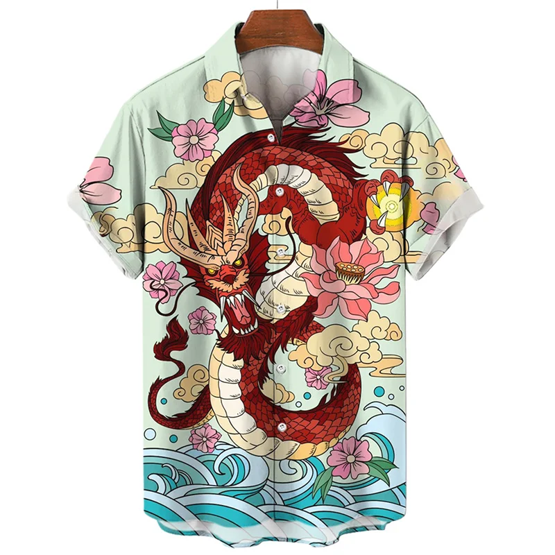 

Men's Summer Dragon Pattern Element Street Costumes Skeleton Luxury Floral Social Casual Masculina Hawaiian Short Sleeve Shirt
