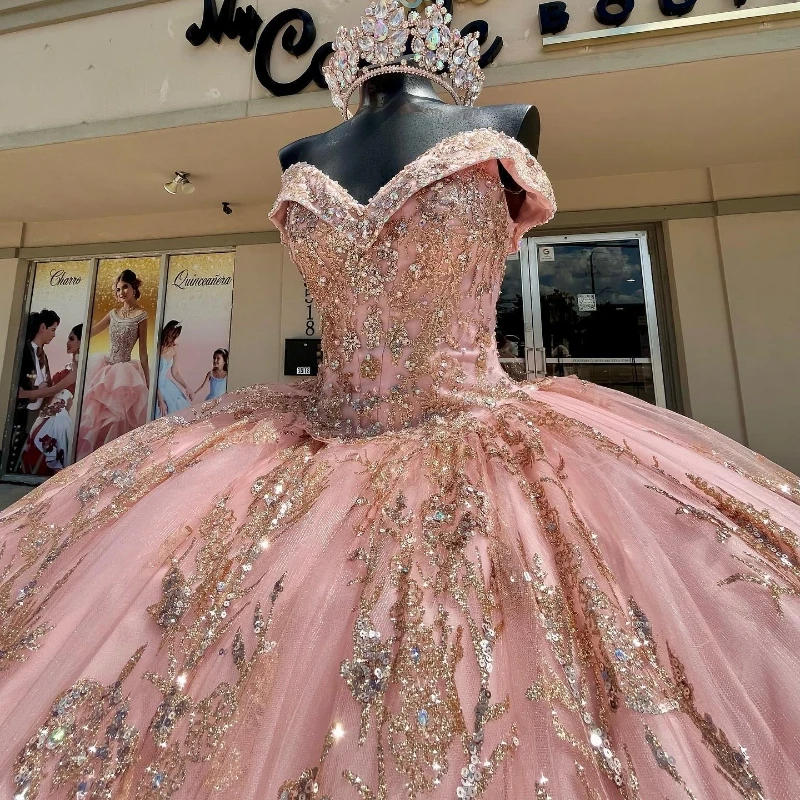 Pink Quinceanera Dresses Off Shoulder Ball Gown Sweet 16 Gold Appliques  Lace | eBay