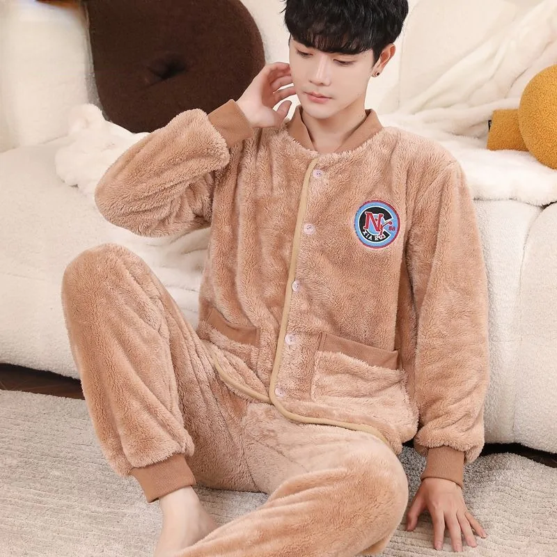 2024 New Pajama Men Winter Flannel Plus Thick Velvet Sleepwear Warm Spring Autumn Loungewear Loose Coral Velvet Homewear Suit