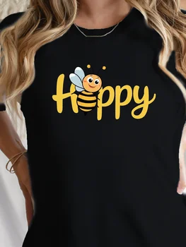 Cute Happy Letter Joyful Bee Pattern Printed Summer Casual Women's Short Sleeve Round Neck T-shirt Daily Top Women's Clothing 1
