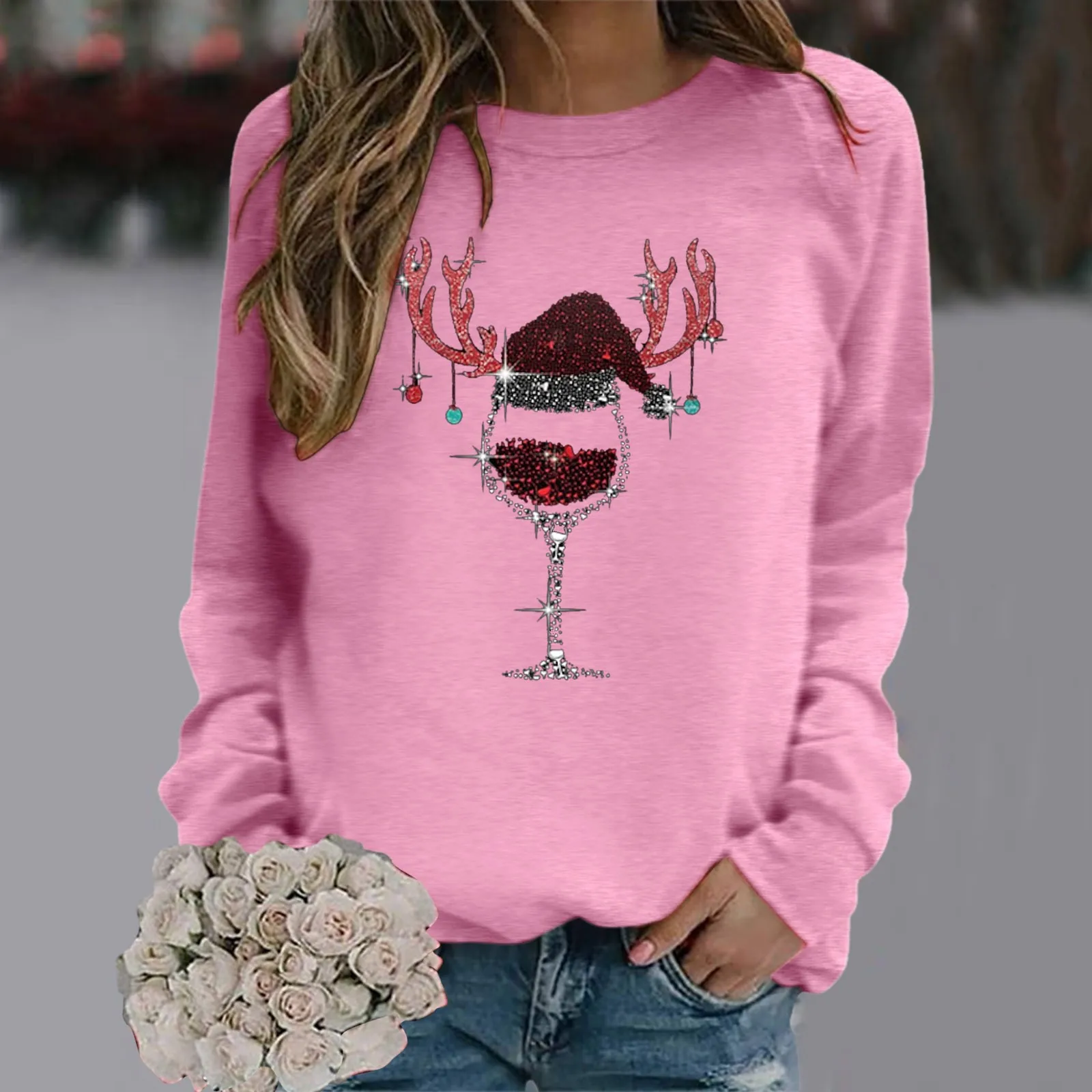 

Womens Merry Christmas Print O Neck Sweatshirt Round Neck Fit Pullover Tops Casual Long Sleeve Jogging Suits Women Petite