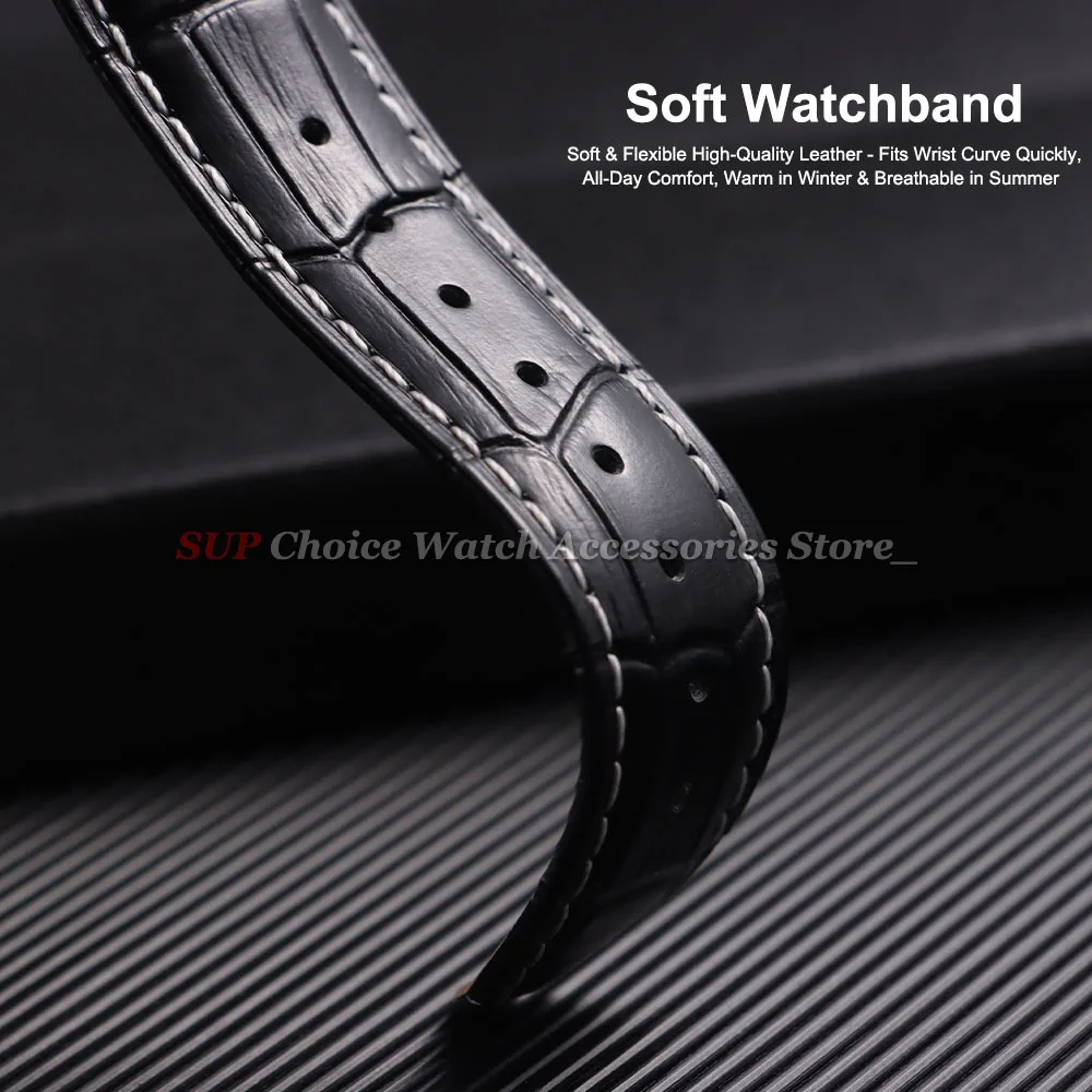 Sleek Calfskin Leather Watch Band with Butterfly Buckle