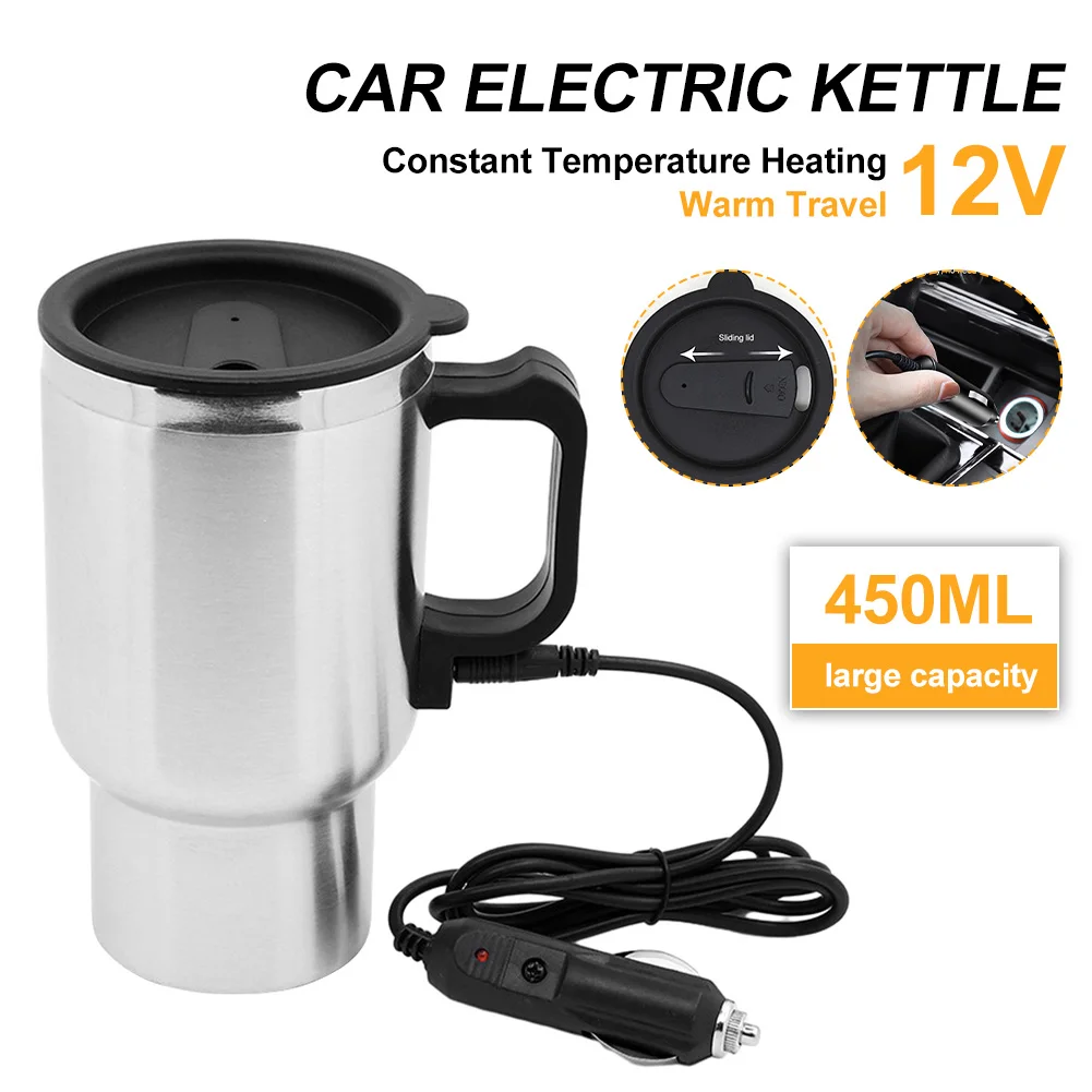 Bouilloire électrique de voiture en acier inoxydable, tasse chauffante, tasse à café de voyage, double couche, isolation sous vide, DC 12V, 450ml