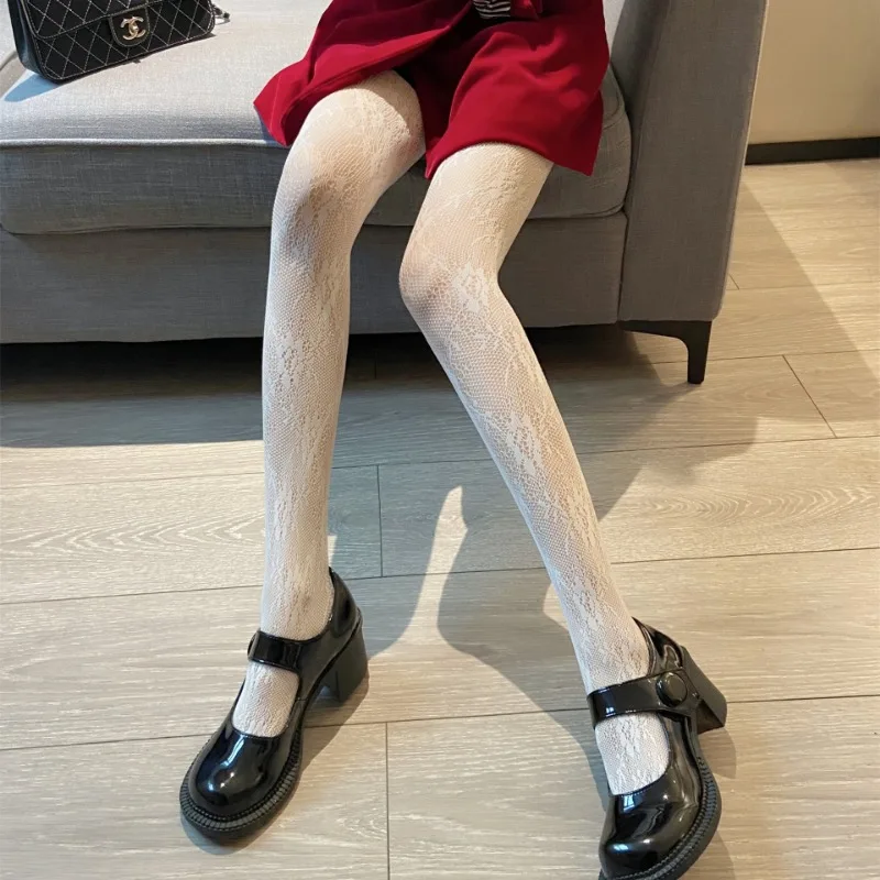 Women Lace Rattan Flower Sexy Stockings Black White Hollow Jacquard Fishnet Stockings Nylon Elastic Tights Pantyhose Underwear
