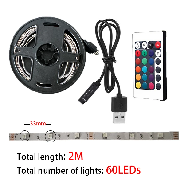 รูปสินค้า สายไฟ LED 2 เมตร 60 ดวง ควบคุมด้วยรีโมทคอนโทรล 24 ปุ่ม ปรับสีได้หลากหลาย ตกแต่งบ้าน
