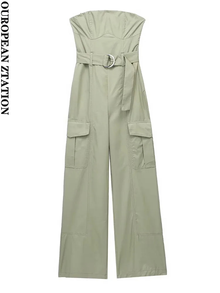 

PAILETE Women 2023 fashion with belt strapless cargo jumpsuits sexy straight neck side patch pockets female playsuits mujer