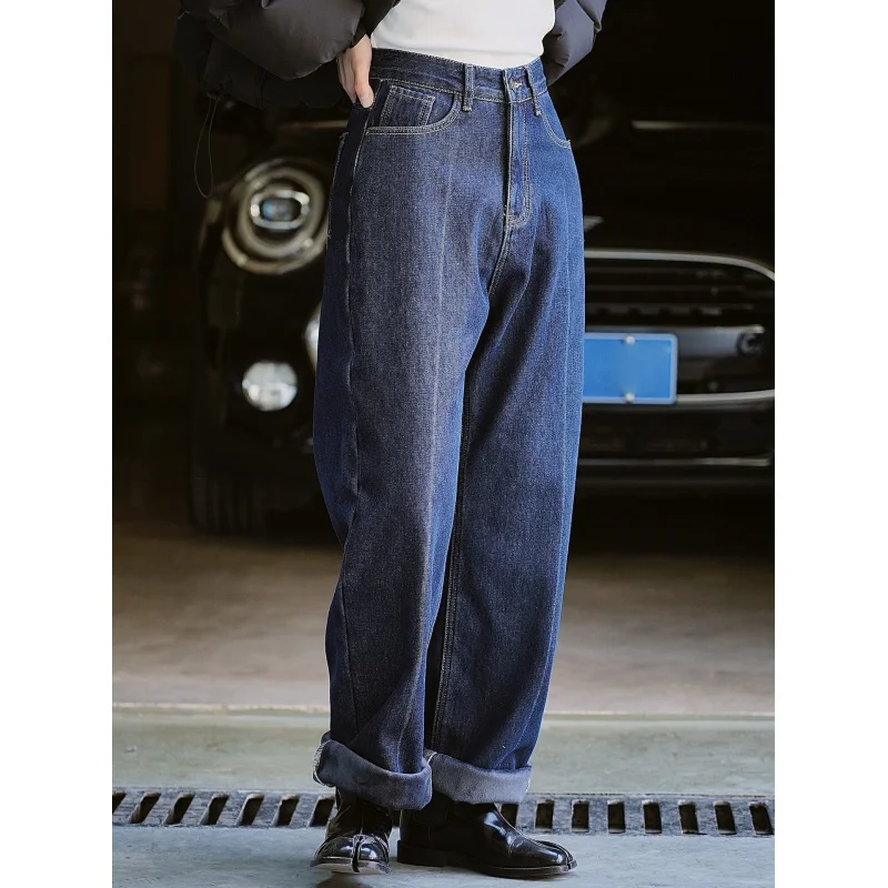 

Winter New Korean Style Vintage Fleece-Lined High Waist Straight Jeans Slimming Soft and Comfortable Thick Casual Trousers Women