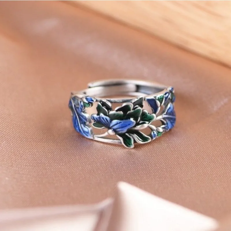 中国 七宝 エナメル 天然石 指輪 silver アクセサリー 925 シルバー七宝ブルーグリーンエナメルクラフト牡丹の花リング女性の