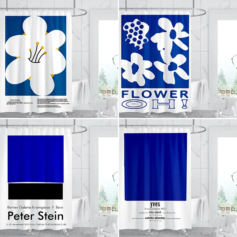 

Nordic Literature and Art Simple Blue Printing Shower Curtain Fresh Flowers Girl Bath Curtain Blue and White Modern Bathroom Set