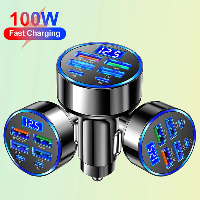 Caricabatterie da auto USB Type-C da 100 W a 6 porte con display della tensione, adattatore di alimentazione a ricarica rapida PD per iPhone, Android, smartphone e tablet