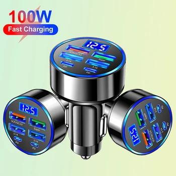 Caricabatterie da auto USB Type-C da 100 W a 6 porte con display della tensione, adattatore di alimentazione a ricarica rapida PD per iPhone, Android, smartphone e tablet