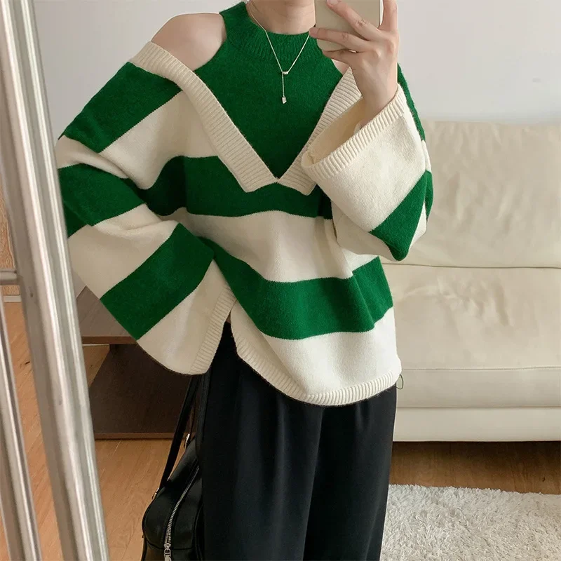 

Women Full Sleeve Knitted Sweaters Tops Casual Halter Loose Splice Pullovers Fake Two Pieces 2023 Striped Top Autumn Winter