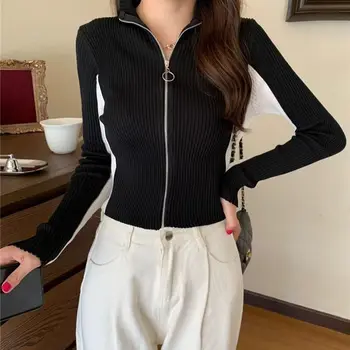 Maglione a maniche lunghe con cerniera colletto alla coreana color block Donna 2025 Top esterno corto sottile versatile coreano autunno 2025 1