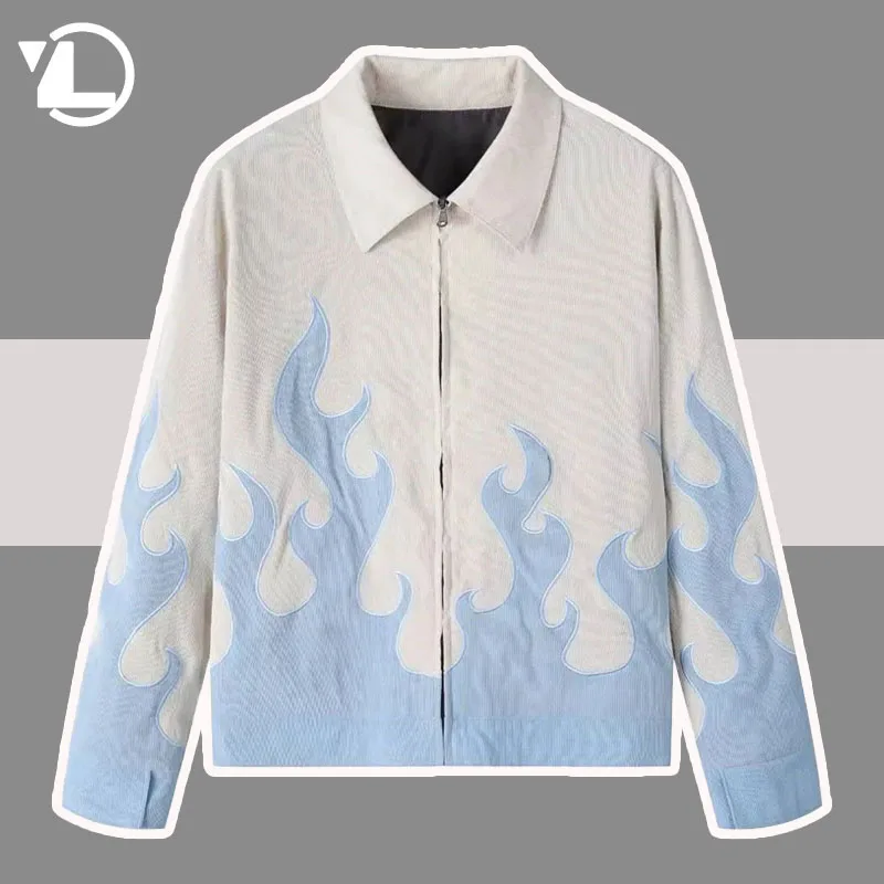 

Retro Flame Bomber Jacket Men Women Corduroy Harajuku Hip Hop Embroidery Coat Couple Spring Causal Street Varsity Jackets New