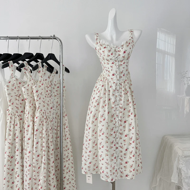 

Gentle Style Sleeveless Floral Dress Casual Fashion Slim Fit Sexy Backless Vacation Women Versatile Suspender Printing Dress
