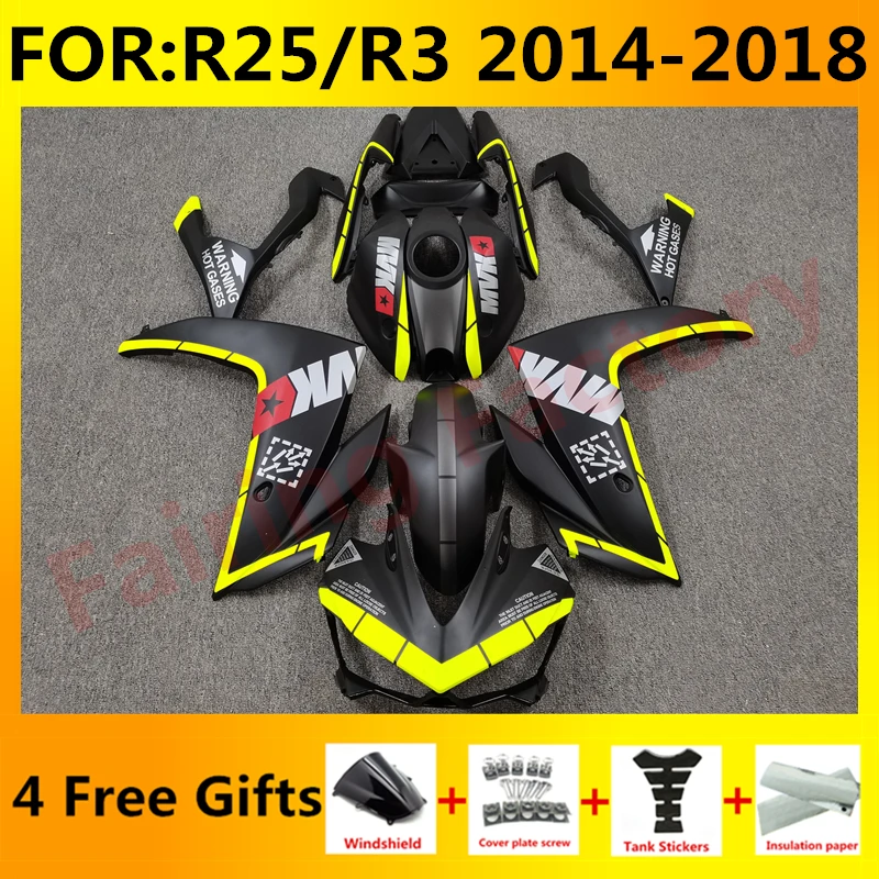 

Новый комплект обтекателей ABS для мотоцикла, подходит для YZF R25 R3 R 25 3 2015 2016 2017 2018, Обтекатели для кузова, комплект черных и желтых обтекателей