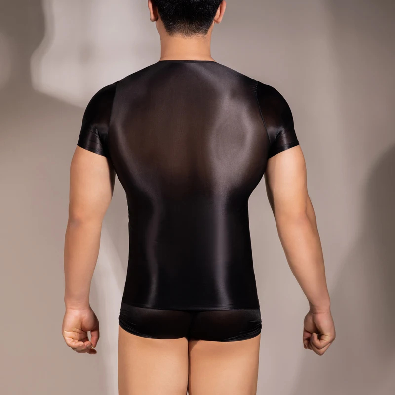 Mens Glossy T-shirt Top Oil Shiny ShortSleeve Slim Fit Gym Yoga Sport Tight Tee Sportwear Transparent Rave Party Clubwear
