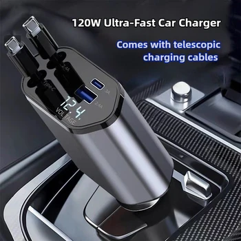 Caricabatteria da auto retrattile Caricabatteria da auto a ricarica rapida 4 in 1 Cavo retrattile doppio tipo C da 120 W e adattatore per caricabatteria da auto con 2 porte USB