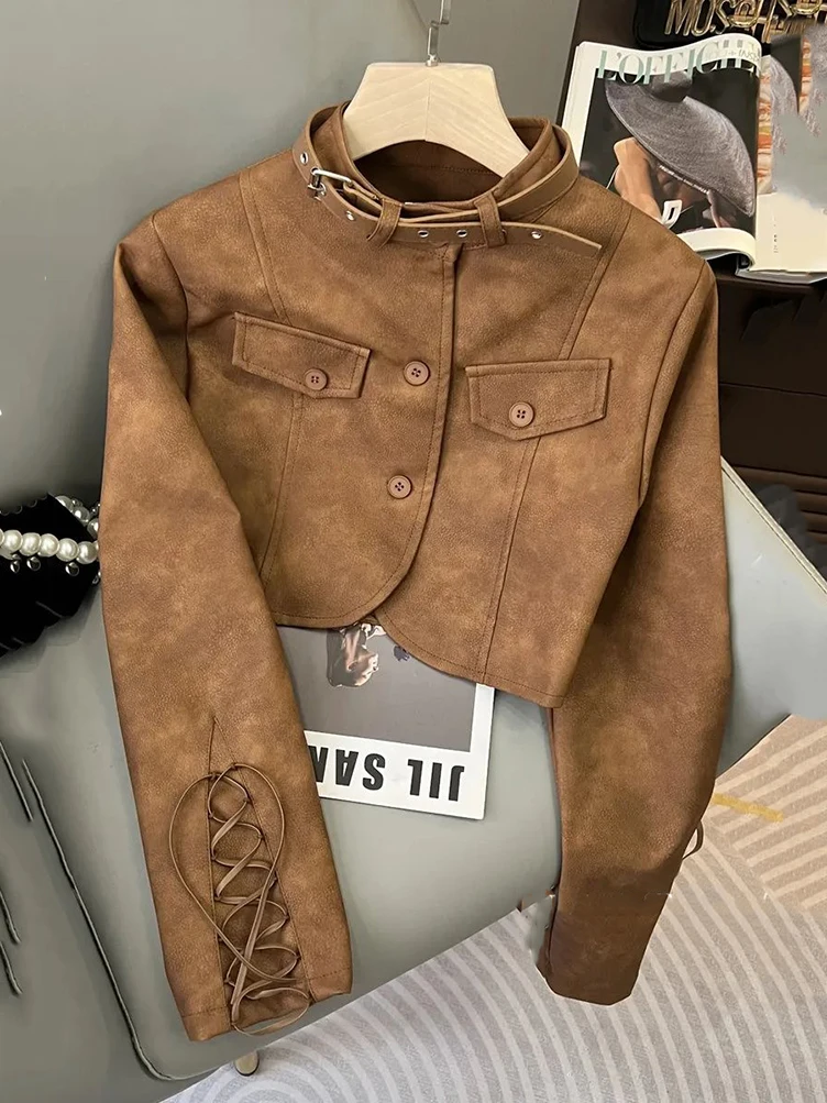 

Корейская укороченная кожаная куртка Dongdaemun на осень и зиму, винтажная куртка-бомбер Y2k, модная верхняя одежда с воротником-стойкой и мотором