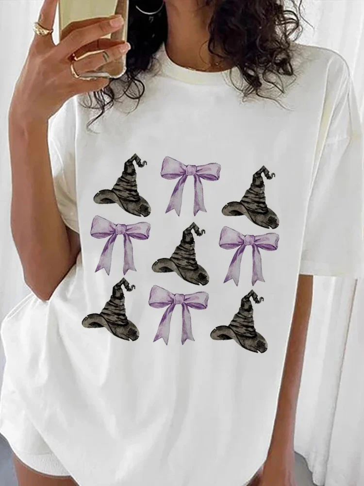 

Женская футболка с круглым вырезом, модная повседневная футболка с разноцветным мультяшным рисунком и бантом, новая футболка с принтом