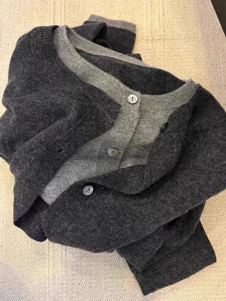 Fake Two 100% Pure Cashmere Sweater Cardigan Dark Grey High-grade Wool Knit Coat Top 5