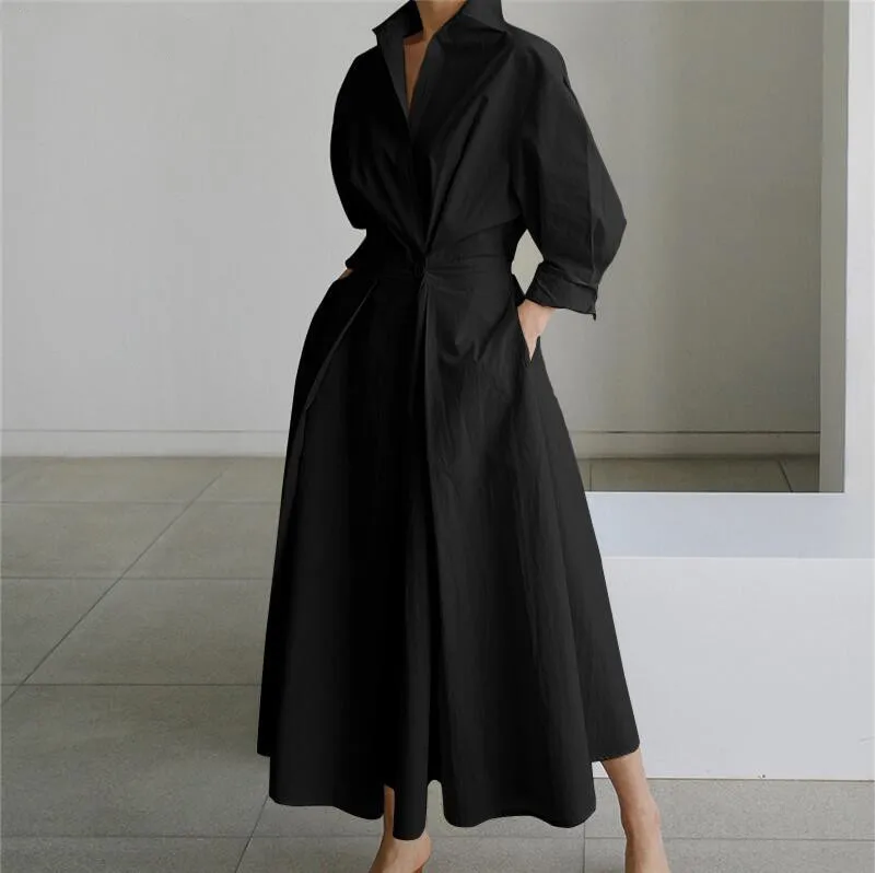 Autumn Cotton Dress Long Sleeve Solid Elegant Maxi Dresses For Women 2023 White Casual V Neck Shirt Party Long Dress Robe Femme 2