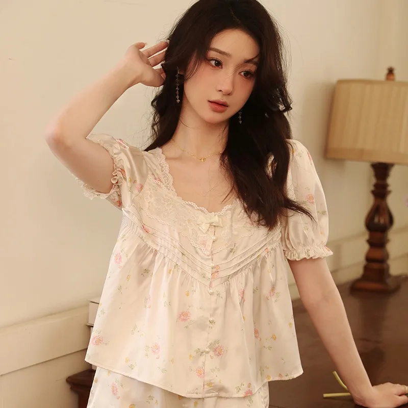 IRENE TINNIE Apricot Printing Pajamas Set Korean Summer New Short Sleeve Leisure Sleepwear Women Loose Nightwear Homewear Suit