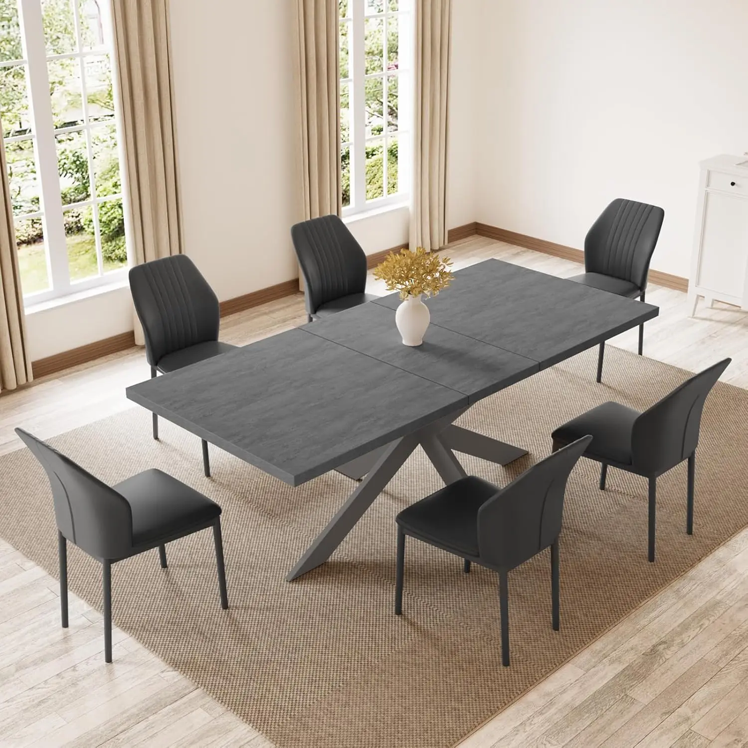 Dining Table Set for 6 Modern 78'' Dark Wood Dining Table and Fabric Dining Chairs Set of 6 Table and Chairs Set of 6 Ideal