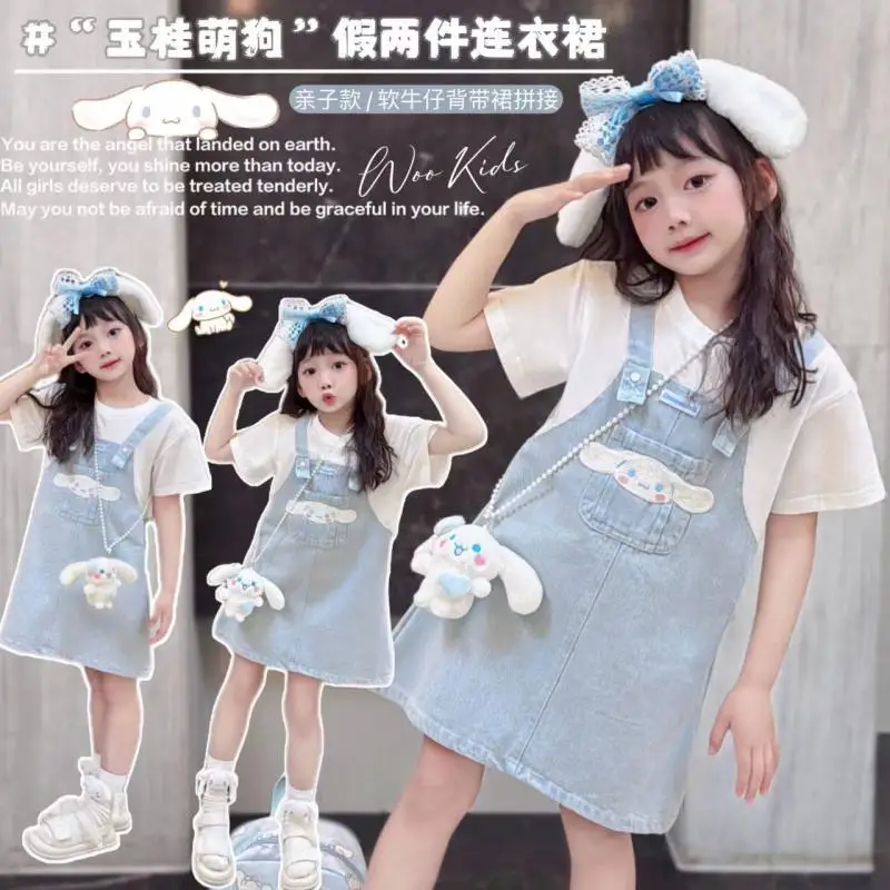 

Kawaii Sanrioed Cinnamoroll Kids Dress Girls Denim Suspender Skirt Sweet Short Sleeve Fake Two Piece Dress Cute Kids Clothes New