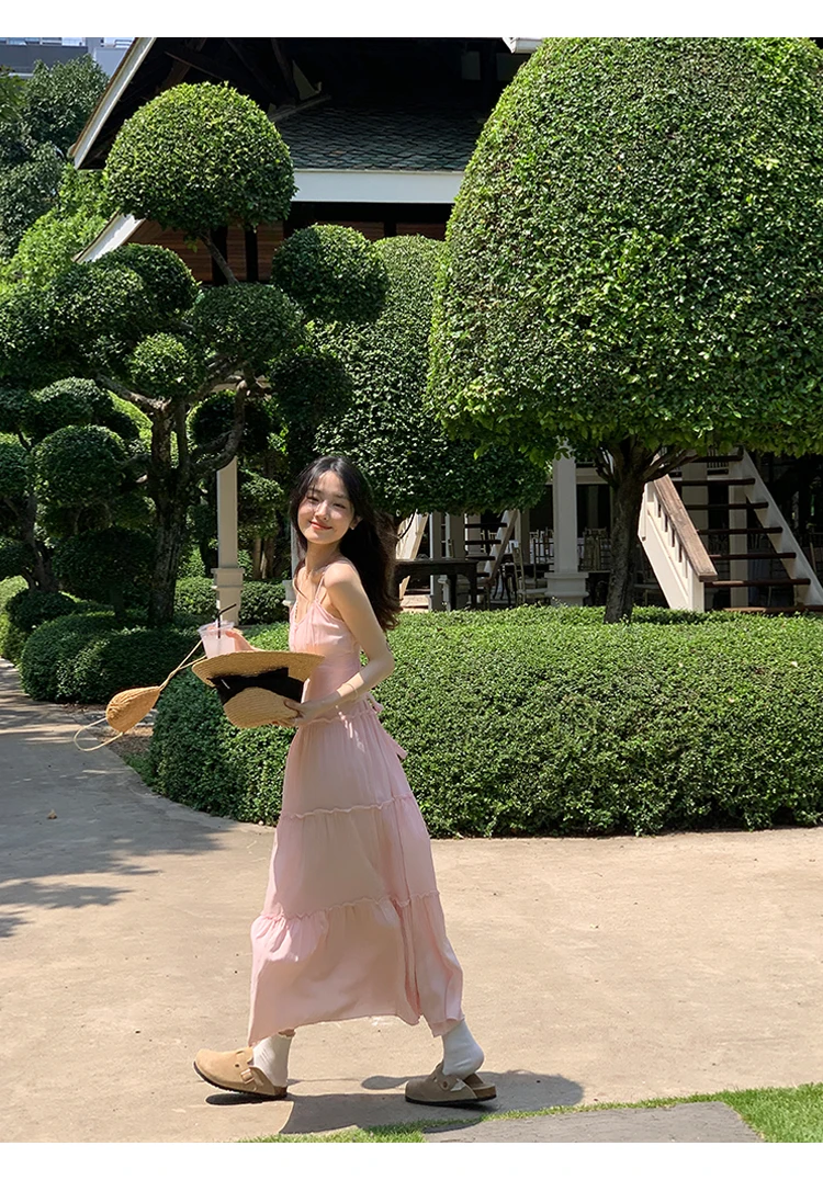 French Elegant Dresses for Women Solid Spaghetti Strap Summer New Ruffles A-line Casual Korean Chic Midi Vestidos Mujer